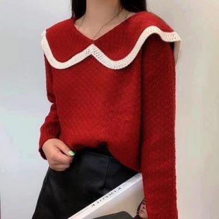 Long-sleeve Peter Pan Collar Contrast Trim Loose Fit Knit Crop Top