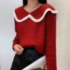 Long-sleeve Peter Pan Collar Contrast Trim Loose Fit Knit Crop Top