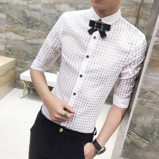 Elbow-sleeve Bow Plaid Shirt