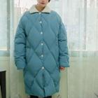 Fleece-collar Belted Puffer Coat Blue - One Size