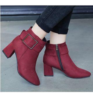 Buckled Block Heel Pointed Ankle Boots