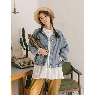 Raglan-sleeve Washed Denim Jacket Blue - One Size