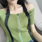 Buckled Cold-shoulder Zip Knit Top