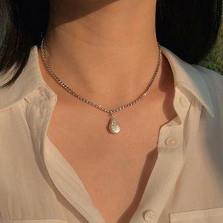 Faux Pearl Necklace Silver White - One Size