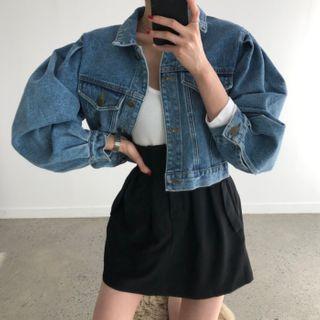 Pocket Detail Cropped Denim Jacket Blue - One Size