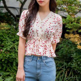 Drawstring-wait Heart Patterned Blouse Beige - One Size