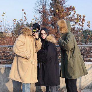 Couple Matching Furry Hood Fleece-lined Zip Jacket