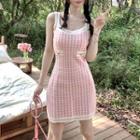 Spaghetti Strap Houndstooth Bodycon Knit Dress Pink - One Size
