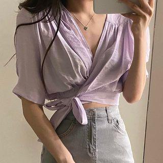 Short-sleeve V-neck Plain Tied Cropped Shirt