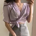 Short-sleeve V-neck Plain Tied Cropped Shirt