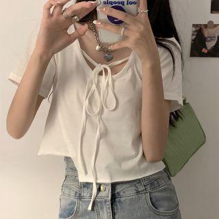 Short-sleeve Bow Detail Asymmetrical T-shirt