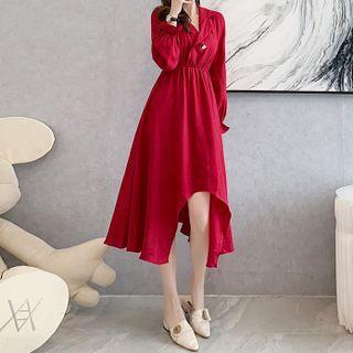Long-sleeve Plain High-low Dress