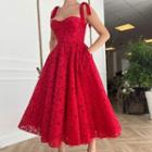 Lace Embroidered Strappy Midi A-line Dress