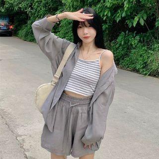 Lettering Shirt / Striped Camisole Top / High Waist Wide Leg Shorts
