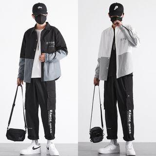 Set: Two-tone Lettering Shirt + Drawstring-cuff Pants
