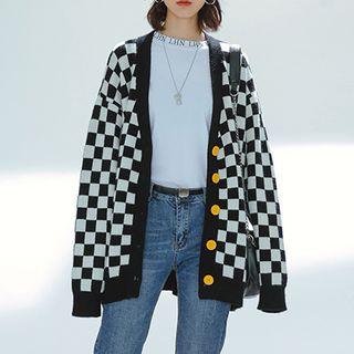 Check Pattern Long-sleeve Knit Cardigan Check - Black & White - One Size