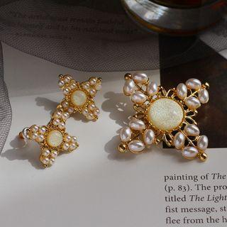 Faux Pearl Cross Brooch / Earring