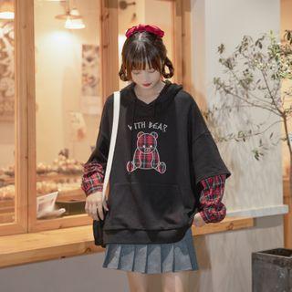 Bear Embroidered Mock Two Piece Hoodie