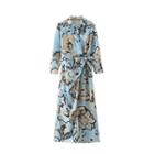 Long-sleeve Printed Knotted Midi A-line Dress