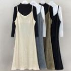 Mock-neck Slim-fit Knit Top / Sleeveless Velvet Midi Dress