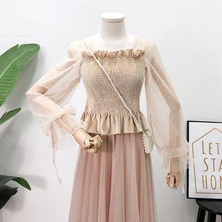 Ruffled-trim Mesh-sleeved Smocked Top