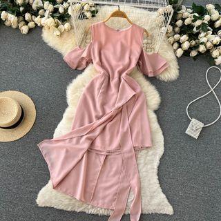 Short-sleeve Off-shoulder Round-neck Plain Asymmetrical Hem Dress