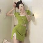 Set: Short-sleeve Lace Trim Knit Crop Top + Mini Skirt Set - One Size