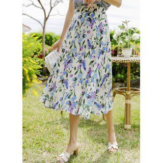 Silky Floral Long Flare Skirt Cream - One Size