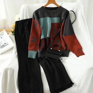 Set: Leopard Print Color Block Sweater + Cropped Pants Sweater & Pants - As Shown In Figure - One Size