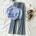 Short-sleeve Plaid Top / Wide Leg Jeans