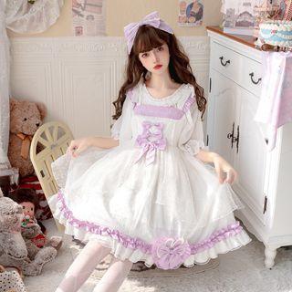Elbow-sleeve Two-tone Ribbon A-line Dress
