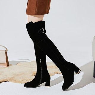 Suede Buckled Block Heel Tall Boots