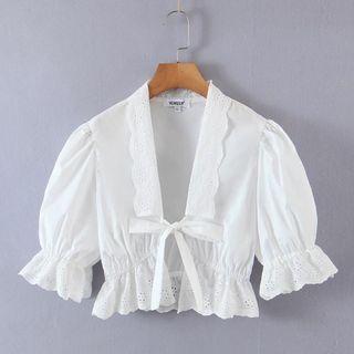Bell-sleeve Eyelet Trim Crop Top