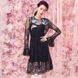 Bird Embroidered Long-sleeve A-line Lace Dress
