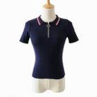 Contrast Trim Zip-front Knit Polo Shirt