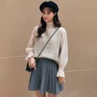Knit Vest / Mock Neck Blouse / Pleated Mini Skirt / Set