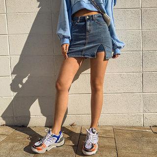 Inset Shorts Slit-hem Mini Denim Skirt