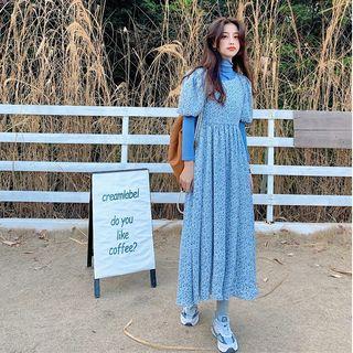 Plain Turtle-neck Long-sleeve Top / Floral Short-sleeve Dress
