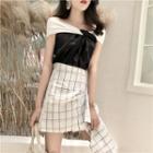 Color Block Off-shoulder Short-sleeve Top / Plaid A-line Skirt