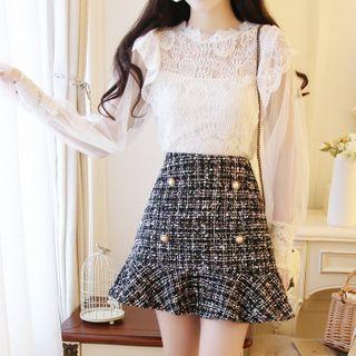 Set: Lace Blouse + Plaid A-line Skirt