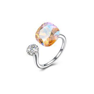 925 Sterling Silver Fashion Simple Golden Austrian Element Crystal Square Adjustable Ring Silver - One Size