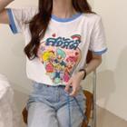 Short-sleeve Contrast Trim Cartoon Print T-shirt White - One Size
