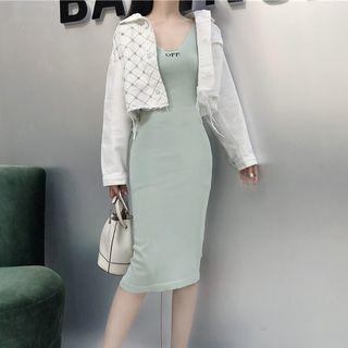 Set: Rhinestone Denim Jacket + Sleeveless Lettering Dress