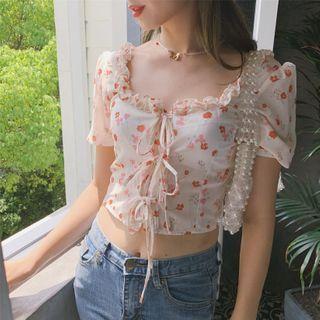 Floral Ruffle Trim Short-sleeve Lace-up Cropped Blouse