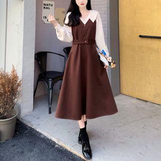 Mock Two-piece Long-sleeve Collar Midi A-line Dress