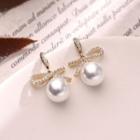 Rhinestone Bow Faux Pearl Drop Earring 1 Pair - Qr76 - Gold & White - One Size