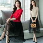 Set: Plain Knit Top + Midi Mesh A-line Skirt
