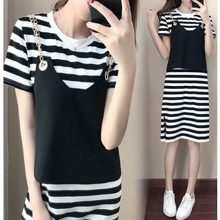 Set: Striped Short-sleeve T-shirt Dress + Chain Strap Camisole Top