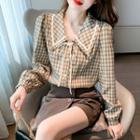 Long-sleeve Collared Plaid Bow Blouse