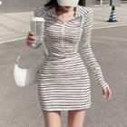 Long-sleeve Hooded Striped Mini Sheath Dress
